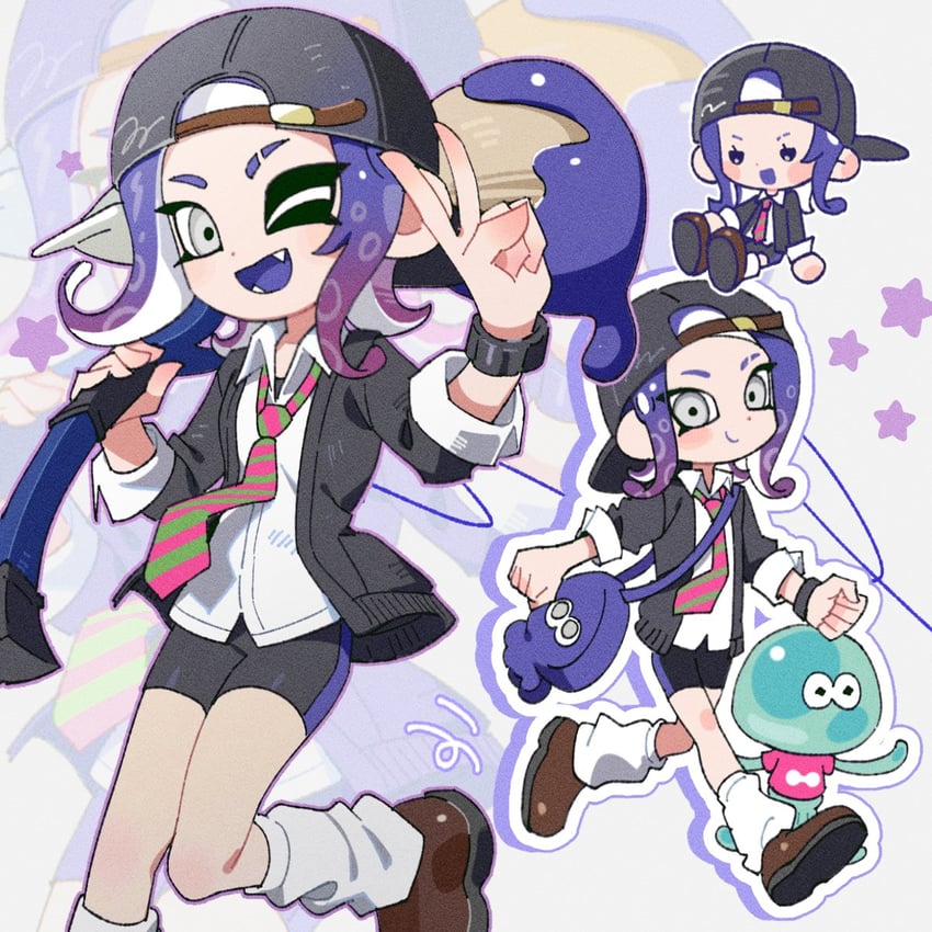octoling player character, octoling girl, and jellyfish (splatoon) drawn by hg_swdiary
