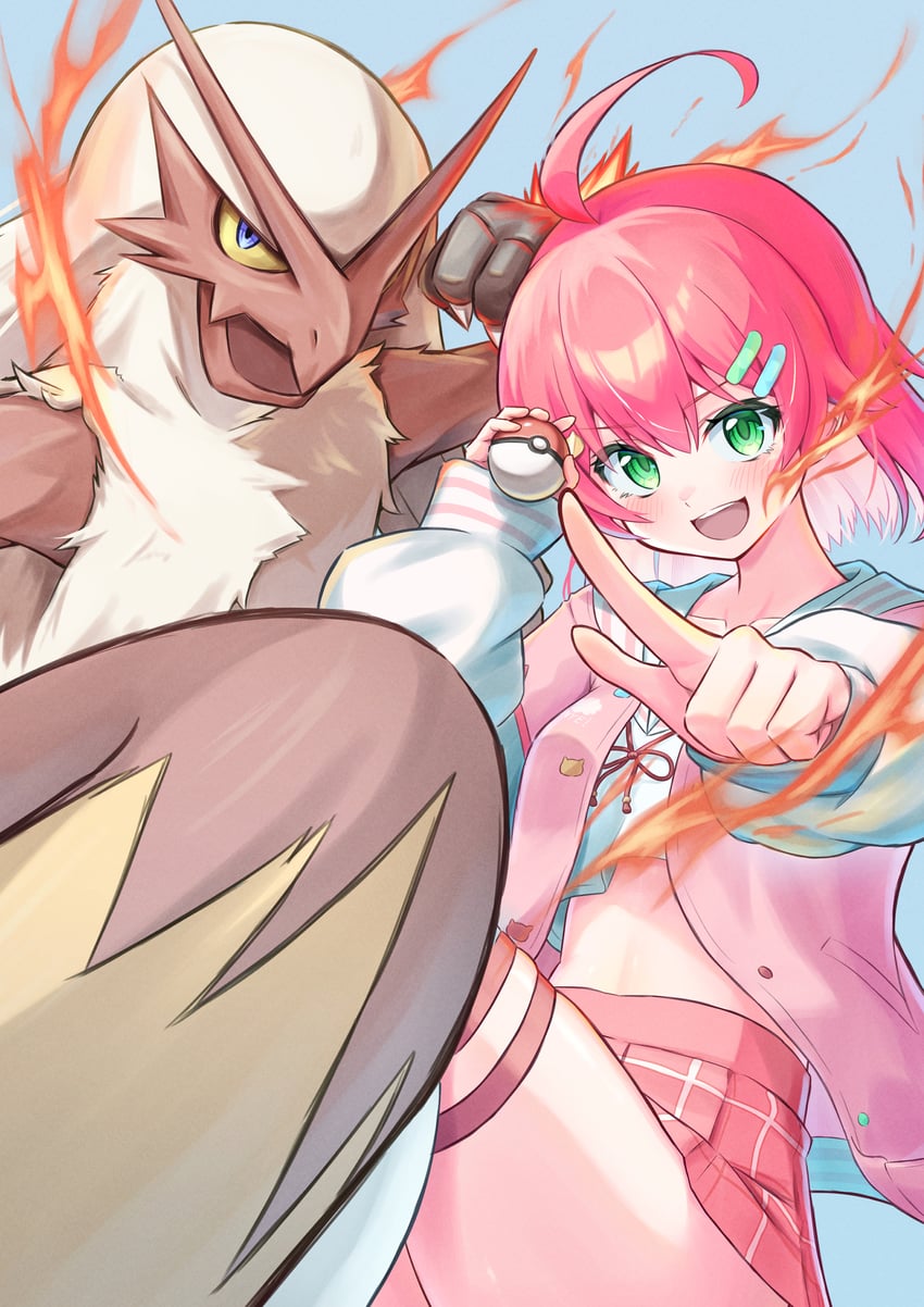 sakura miko and blaziken (pokemon and 1 more) drawn by kamkampan