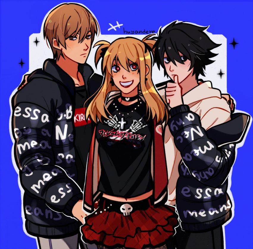 yagami light, l, and amane misa (death note and 2 more) drawn by huyandere