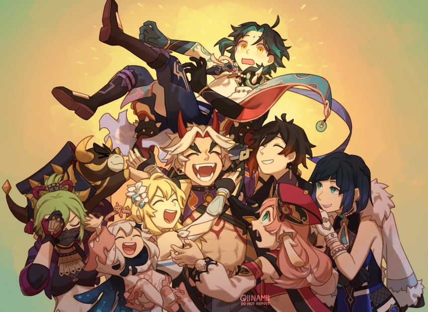 lumine, zhongli, paimon, xiao, yelan, and 3 more (genshin impact) drawn by qiinamii