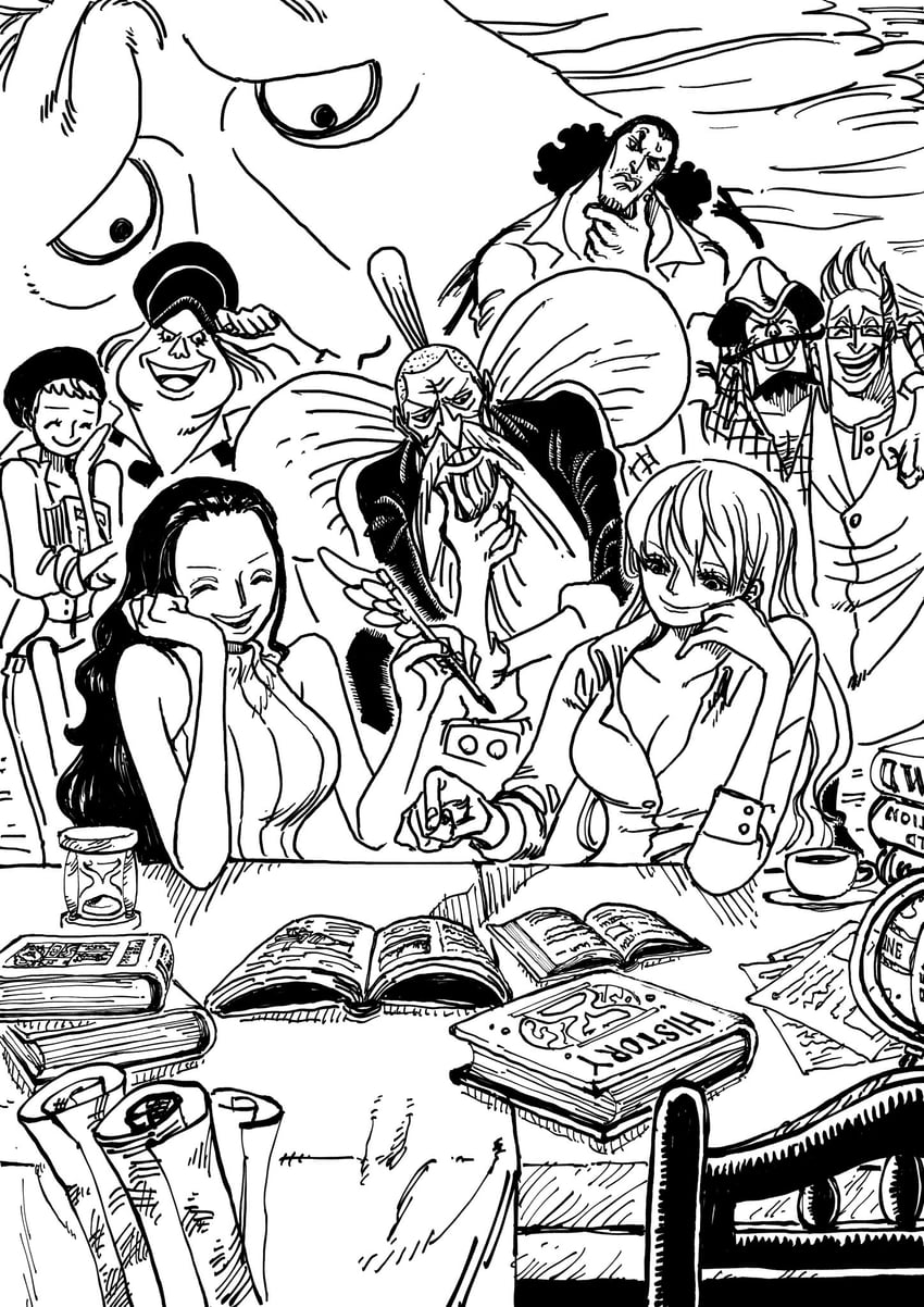 nico robin, aokiji, nico olvia, jaguar d. saul, clover, and 4 more (one piece) drawn by rofta_55