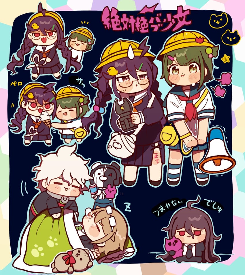 komaeda nagito, monokuma, kamukura izuru, fukawa toko, togami byakuya, and 1 more (danganronpa and 2 more) drawn by funya_(nekokaitaia)