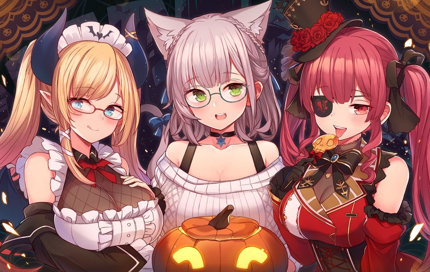 houshou marine, shirogane noel, and yuzuki choco (hololive) drawn by mou_tama_maru
