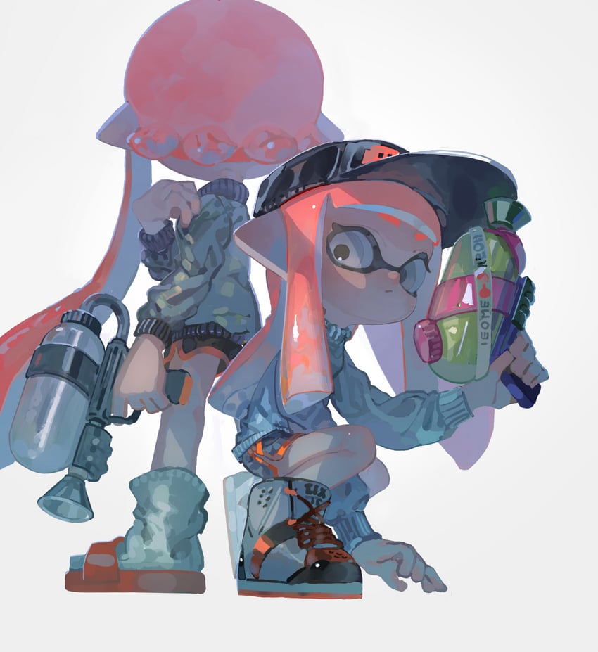 inkling player character and inkling girl (splatoon) drawn by aspara