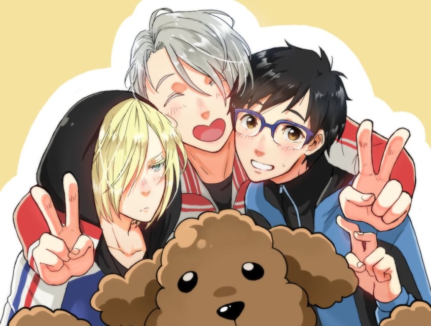 katsuki yuuri, viktor nikiforov, yuri plisetsky, and makkachin (yuri!!! on ice) drawn by monotsuki