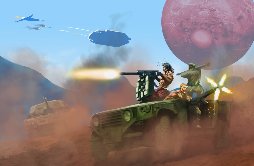 vic viper, bill rizer, big core, and lance bean (gradius and 3 more) drawn by haigaqi