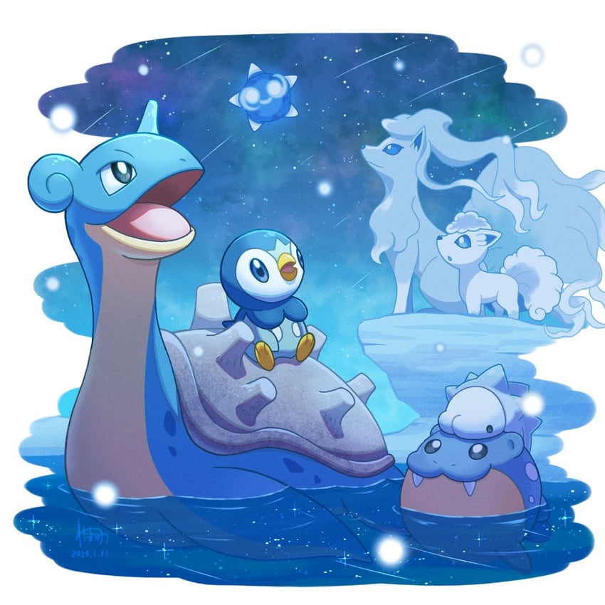 piplup, alolan vulpix, lapras, snom, spheal, and 2 more (pokemon) drawn by wataame4907