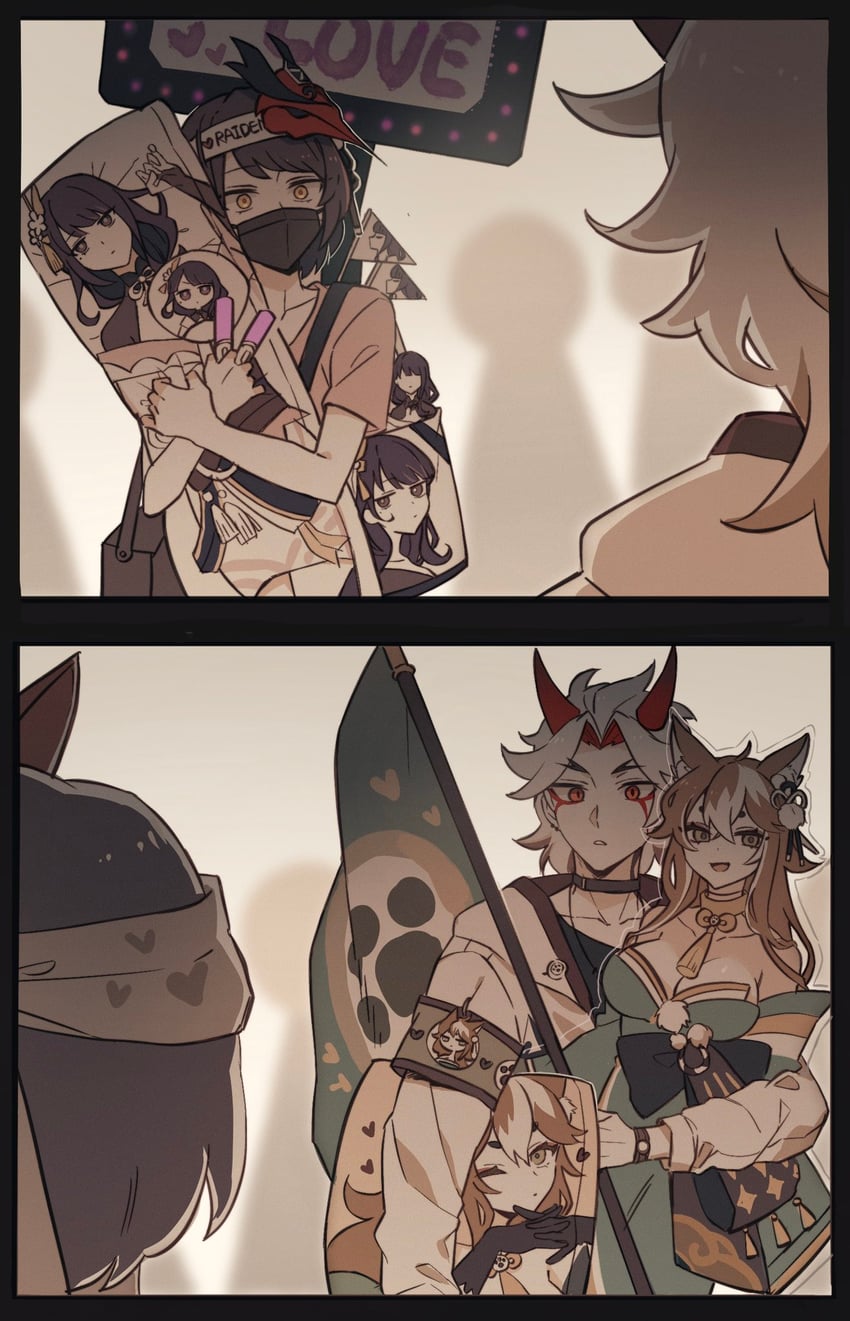raiden shogun, kujou sara, arataki itto, and hina (genshin impact) drawn by kackaorz1