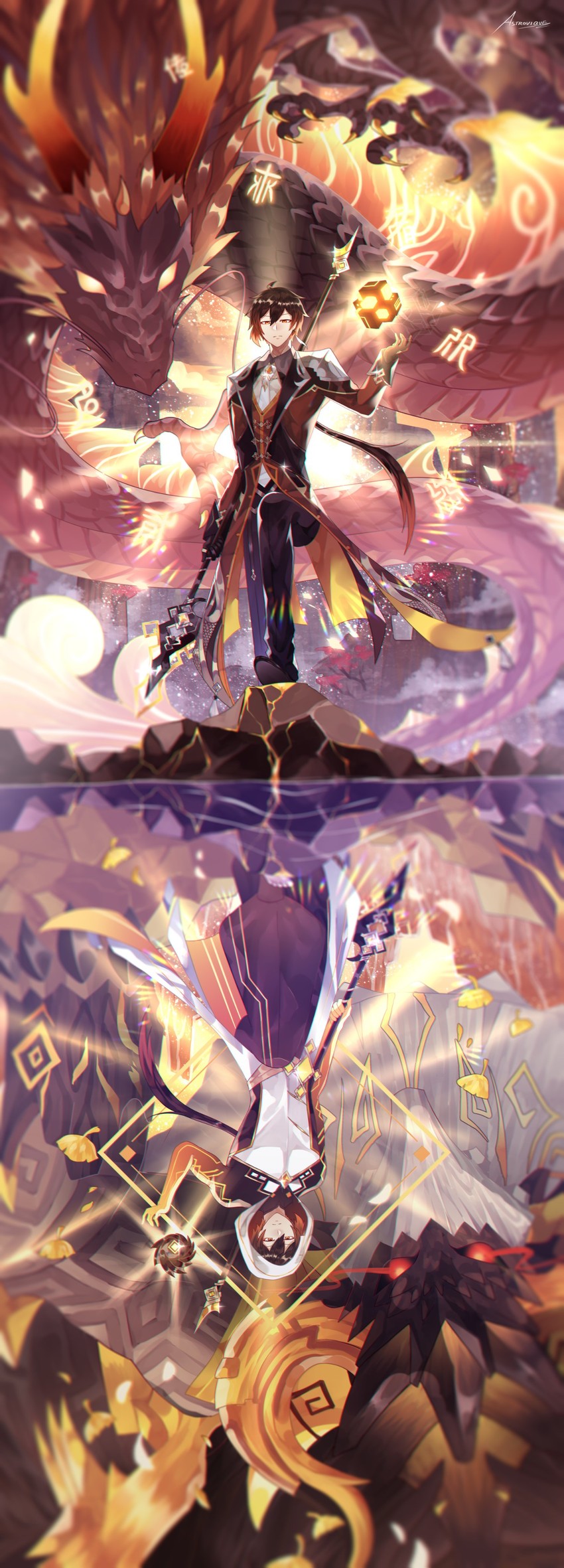 zhongli, rex lapis, and azhdaha (genshin impact) drawn by astrovique