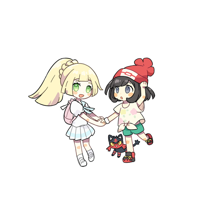 lillie, selene, and litten (pokemon and 1 more) drawn by pukiko