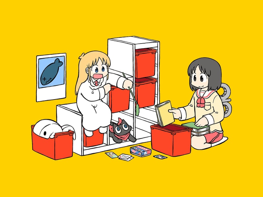 shinonome nano, professor shinonome, and sakamoto (nichijou and 1 more) drawn by arawi_keiichi