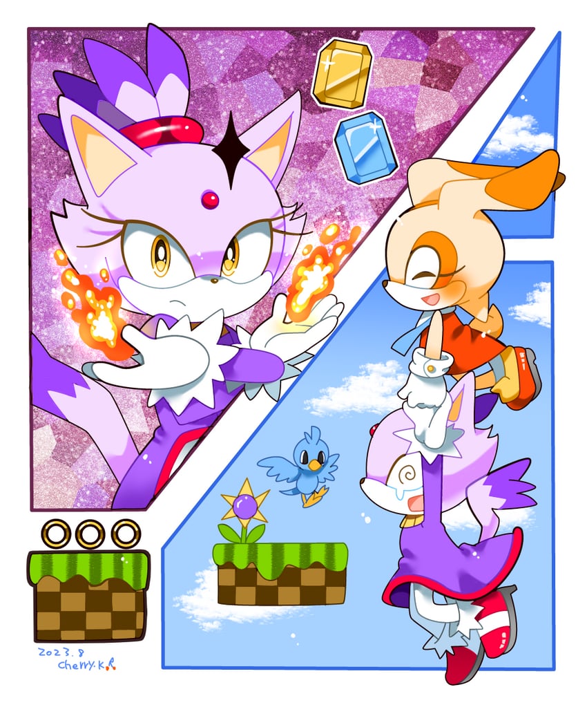 blaze the cat, cream the rabbit, and flicky (sonic and 1 more) drawn by kusunoki_cherry