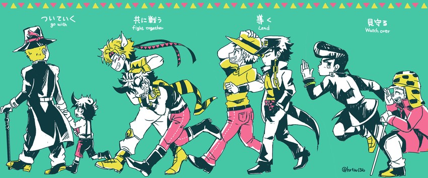 joseph joestar, kujo jotaro, caesar anthonio zeppeli, higashikata josuke, and robert e. o. speedwagon (jojo no kimyou na bouken and 3 more) drawn by hrtw136