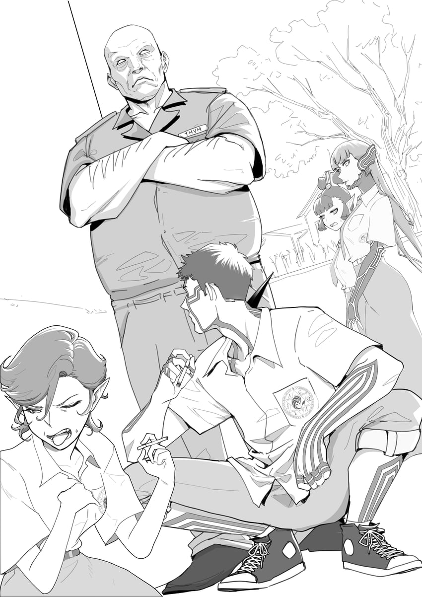 protagonist, demi-fiend, pixie, amanozako, and yhvh (shin megami tensei and 2 more) drawn by aghoby