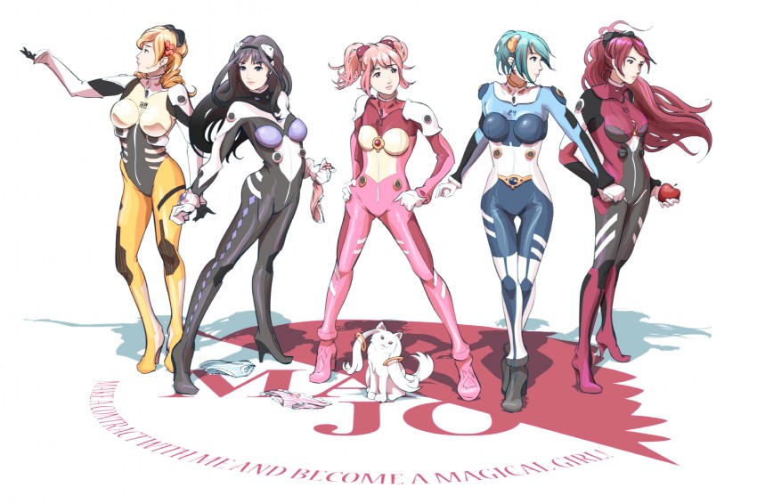 akemi homura, kaname madoka, miki sayaka, sakura kyoko, tomoe mami, and 1 more (mahou shoujo madoka magica and 1 more) drawn by hy136