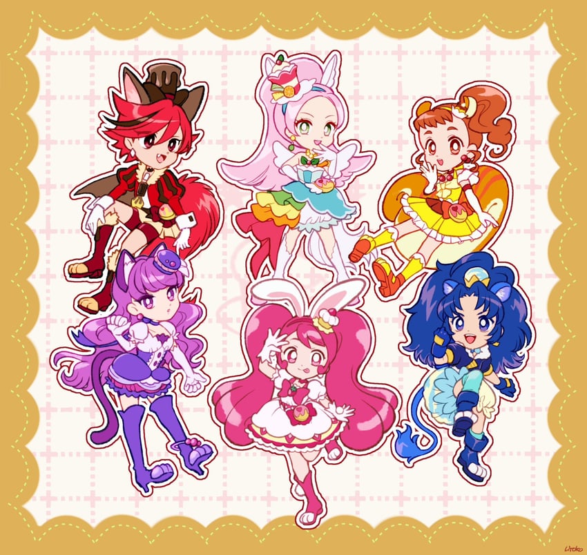 kotozume yukari, usami ichika, tategami aoi, kenjou akira, cure macaron, and 7 more (precure and 1 more) drawn by uwded_207