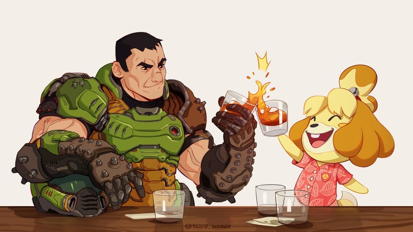 isabelle and doomguy (animal crossing and 2 more) drawn by third_cookie