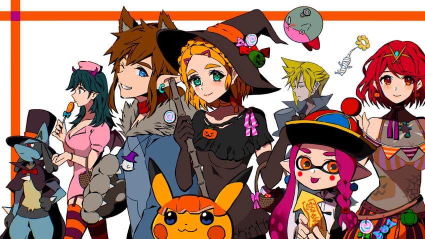 link, inkling player character, pikachu, princess zelda, inkling girl, and 5 more (pokemon and 14 more) drawn by ao_hito