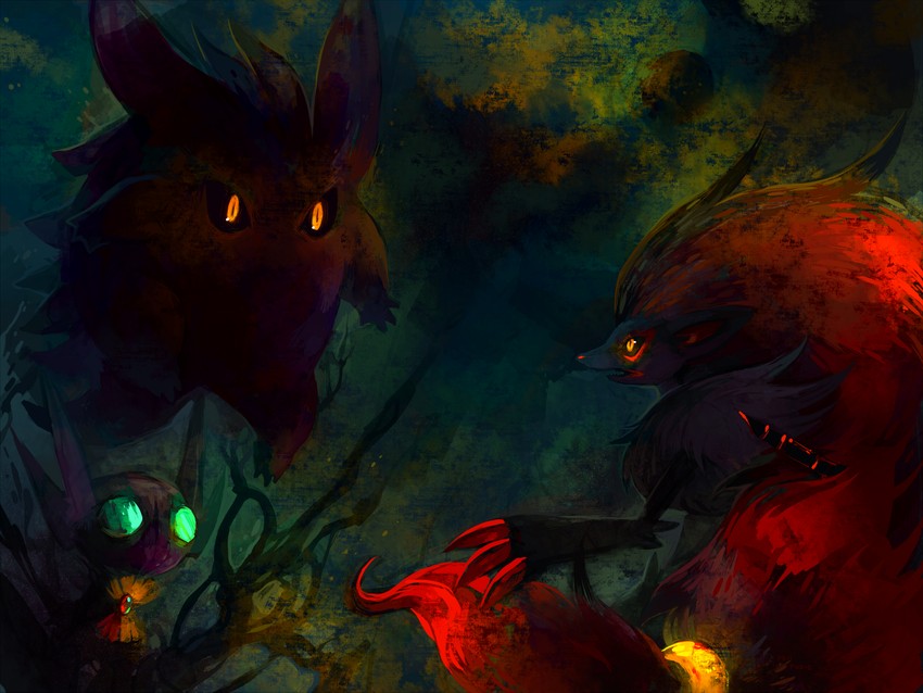 gengar, zoroark, sableye, and devonshire (pokemon and 1 more) drawn by glitchedpuppet