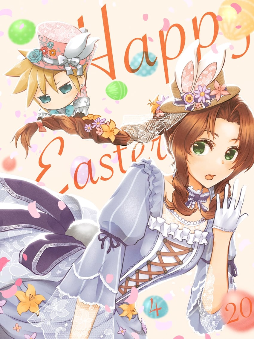 cloud strife, aerith gainsborough, and cait sith (final fantasy and 2 more) drawn by kaeru_game2