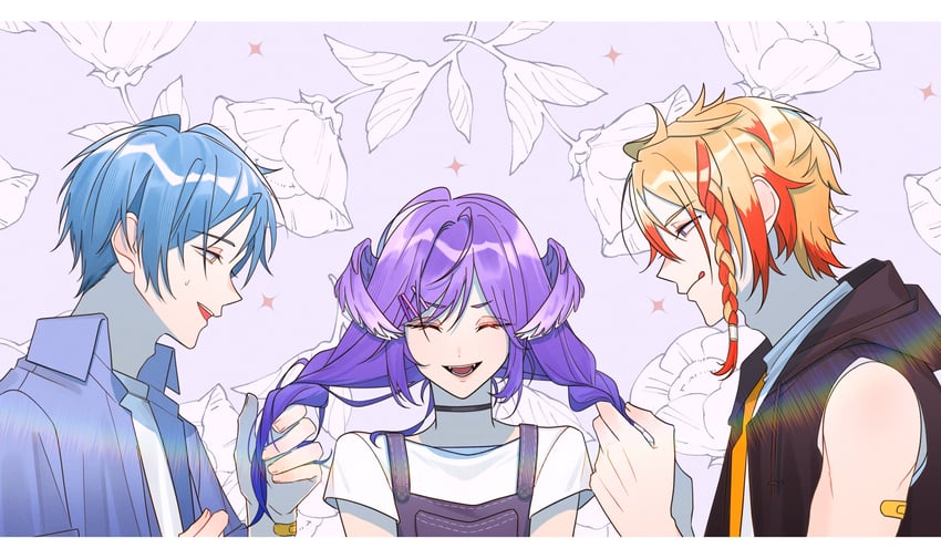 selen tatsuki, regis altare, and axel syrios (nijisanji and 3 more) drawn by moyyyya