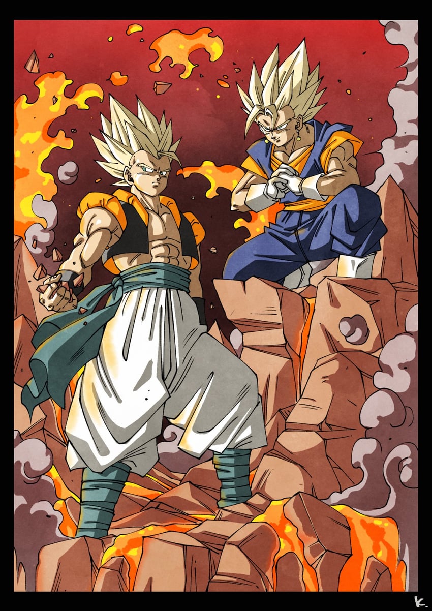 gogeta and vegetto (dragon ball and 1 more) drawn by kakeru_(dbskakeru)