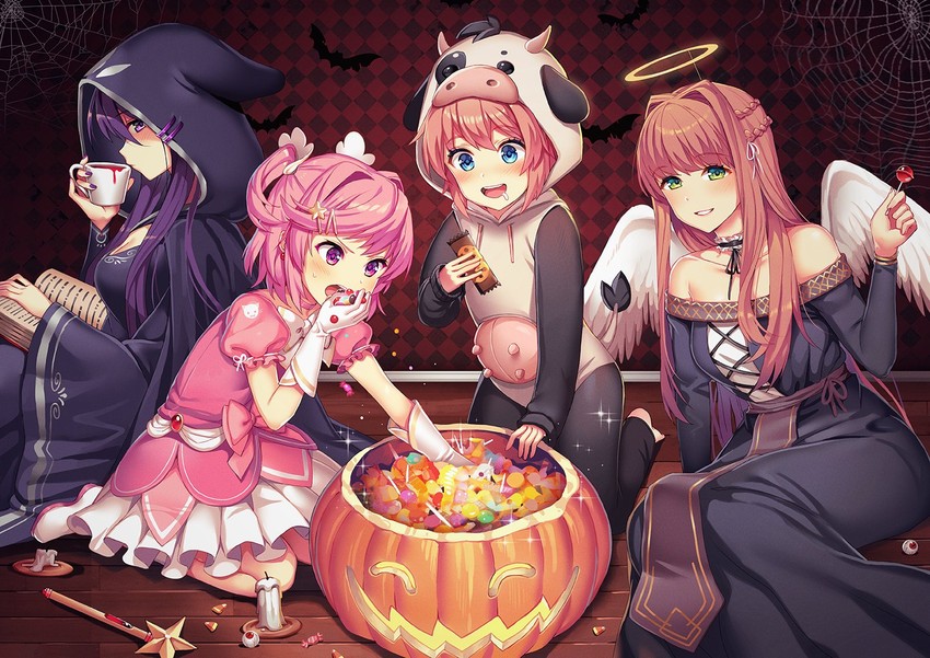 monika, natsuki, yuri, and sayori (doki doki literature club) drawn by satchely