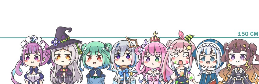 gawr gura, minato aqua, amane kanata, murasaki shion, uruha rushia, and 3 more (hololive and 2 more) drawn by rutorifuki