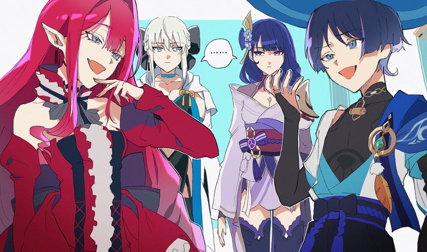 raiden shogun, scaramouche, wanderer, baobhan sith, and morgan le fay (fate and 2 more) drawn by rakugakiokba