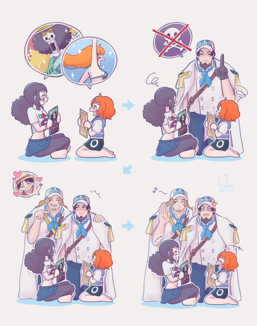 nami, monkey d. luffy, brook, elder marine brother, nami's fangirl, and 2 more (one piece and 1 more) drawn by yuzuchas