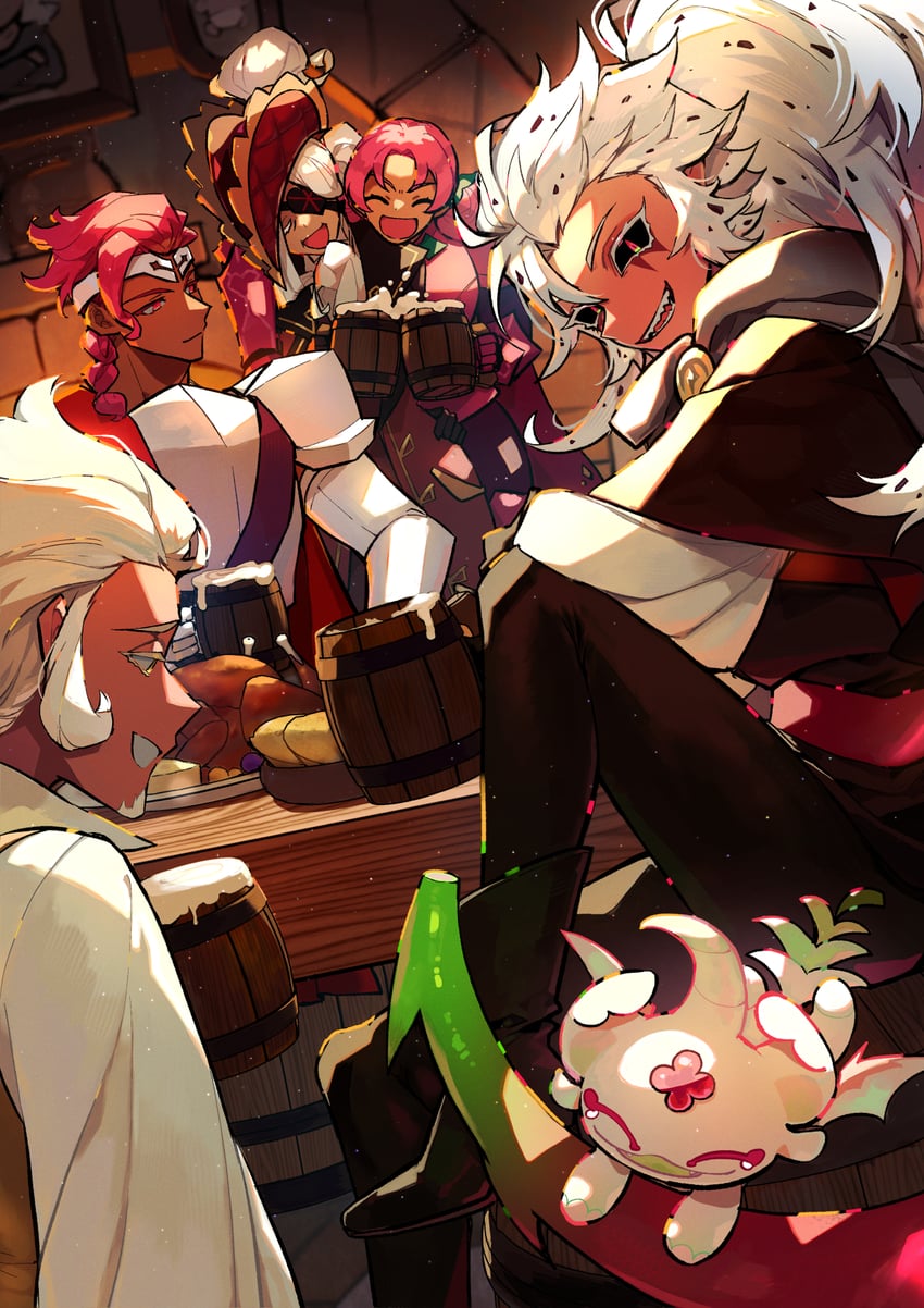 hollyberry cookie, pitaya dragon cookie, wildberry cookie, tarte tatin cookie, snapdragon cookie, and 1 more (cookie run and 1 more) drawn by k4m