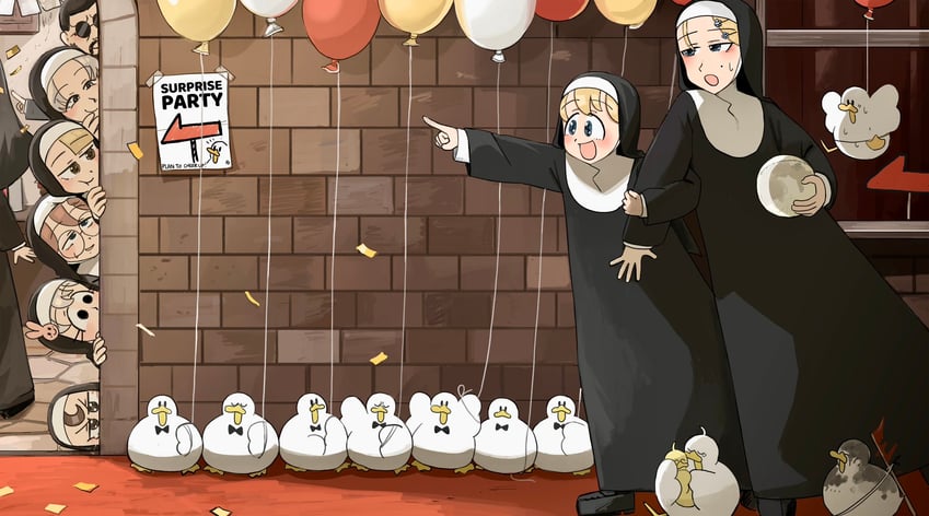 clumsy nun, froggy nun, spicy nun, strict nun, glasses nun, and 3 more (little nuns) drawn by diva_(hyxpk)