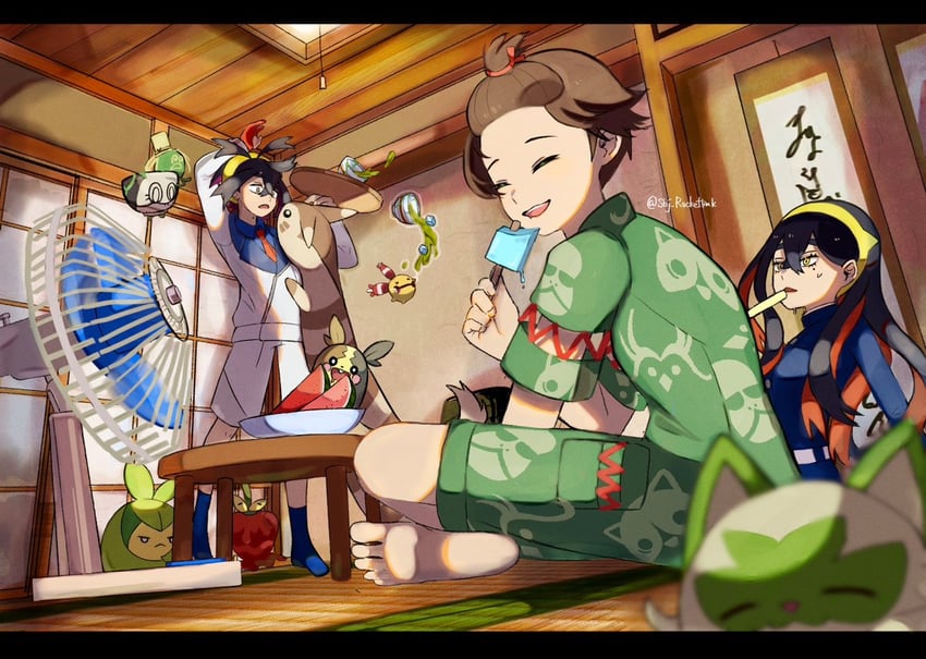 kieran, morpeko, carmine, florian, sprigatito, and 5 more (pokemon and 1 more) drawn by yomogi_dango_(sbj_rocketlink)