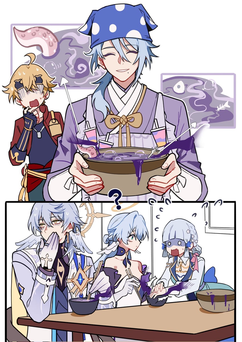 kamisato ayaka, robin, sunday, kamisato ayato, and thoma (genshin impact and 3 more) drawn by yuelinpanp98413
