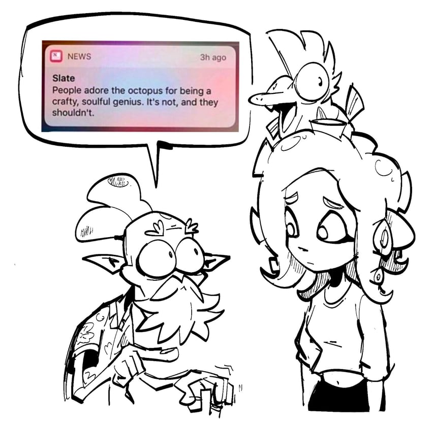 octoling player character, octoling girl, smallfry, and cap'n cuttlefish (splatoon and 1 more) drawn by wubbwarg