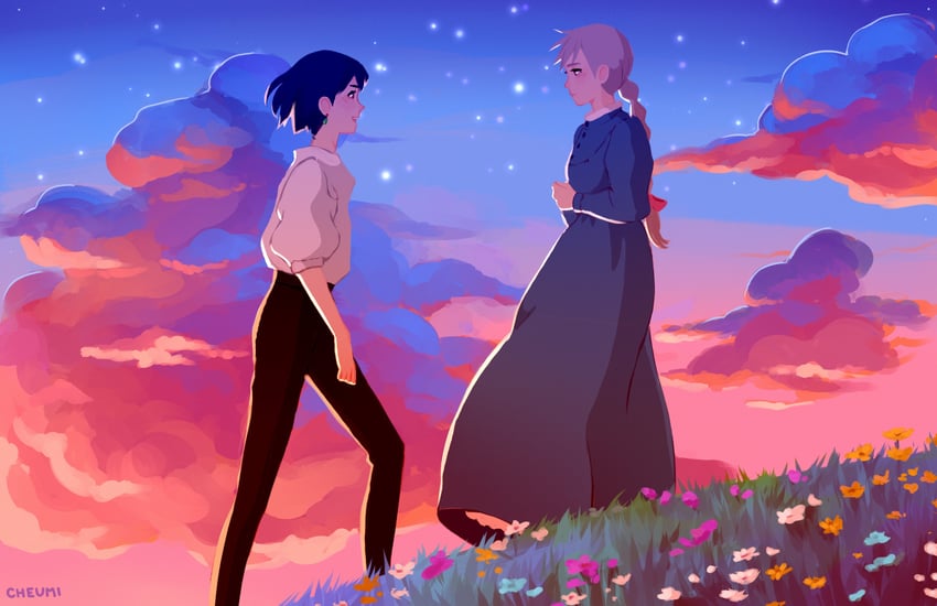 howl pendragon and sophie hatter (howl no ugoku shiro) drawn by cheumi