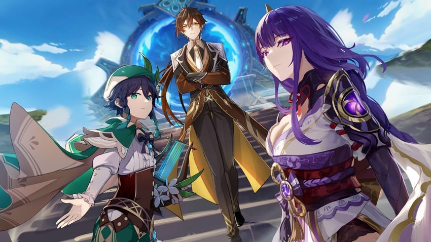 raiden shogun, zhongli, and venti (genshin impact) drawn by yolanda