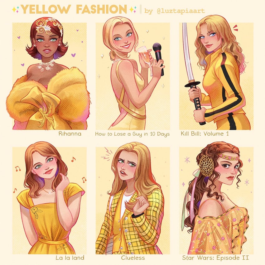 padme amidala, beatrix kiddo, mia dolan, cher horowitz, andie anderson, and 1 more (real life and 6 more) drawn by luztapiaart