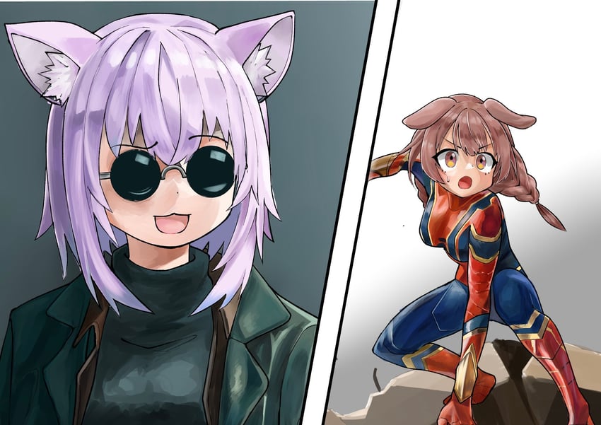nekomata okayu, inugami korone, spider-man, and doctor octopus (hololive and 4 more) drawn by chawanman