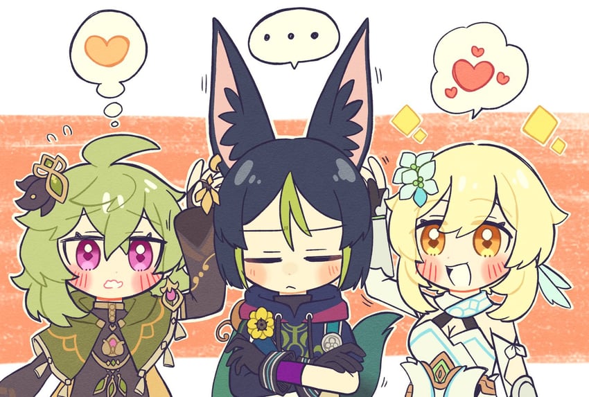 lumine, tighnari, and collei (genshin impact) drawn by fumiri_(2mm_3232)