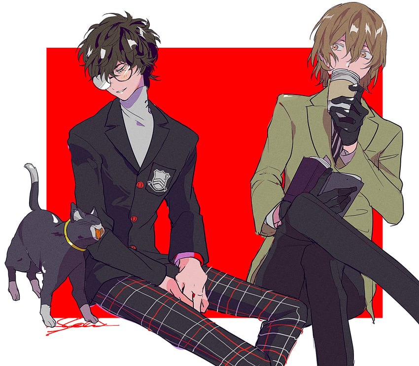amamiya ren, akechi gorou, and morgana (persona and 1 more) drawn by chiru_illust