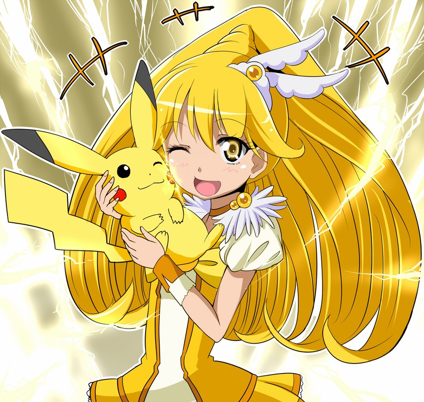 pikachu, kise yayoi, and cure peace (pokemon and 2 more) drawn by kayama_kenji