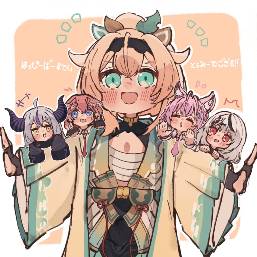 sakamata chloe, la+ darknesss, hakui koyori, kazama iroha, and takane lui (hololive) drawn by whcamellia00