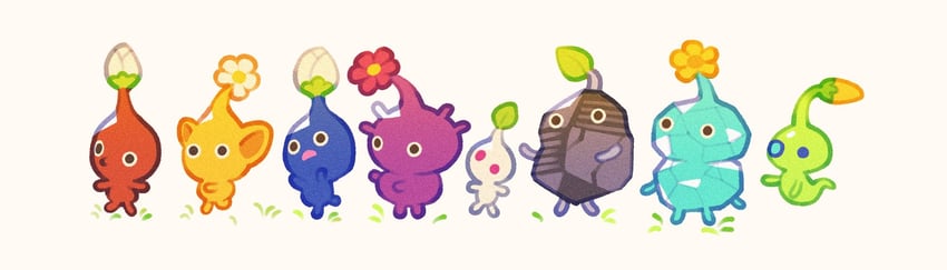 red pikmin, yellow pikmin, blue pikmin, purple pikmin, white pikmin, and 3 more (pikmin) drawn by rivermakes
