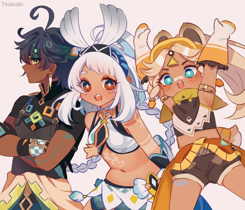 mualani, kinich, and kachina (genshin impact) drawn by tsukiaki_teriyaki