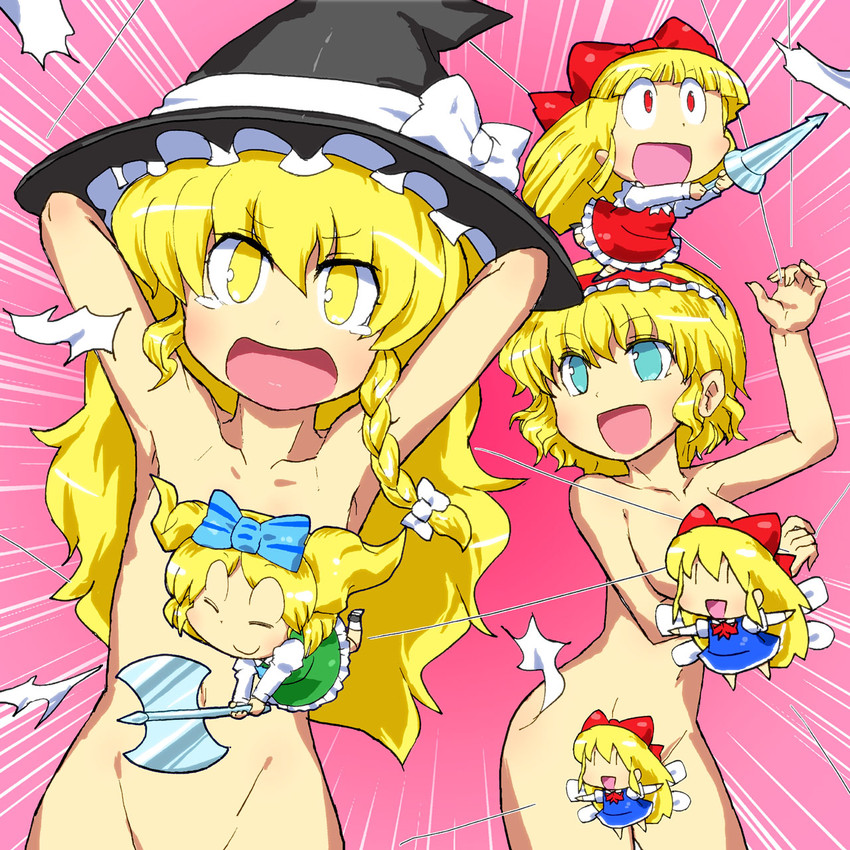 kirisame marisa, alice margatroid, shanghai doll, and hourai doll (touhou) drawn by gomi_ichigo