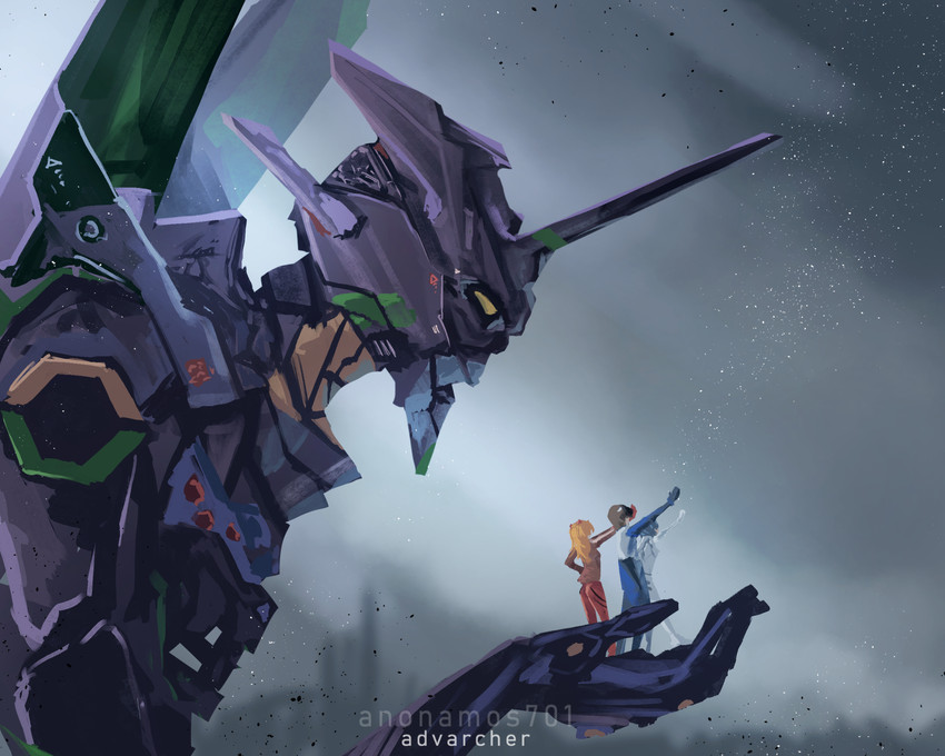 souryuu asuka langley, ayanami rei, ikari shinji, and eva 01 (neon genesis evangelion and 1 more) drawn by advarcher