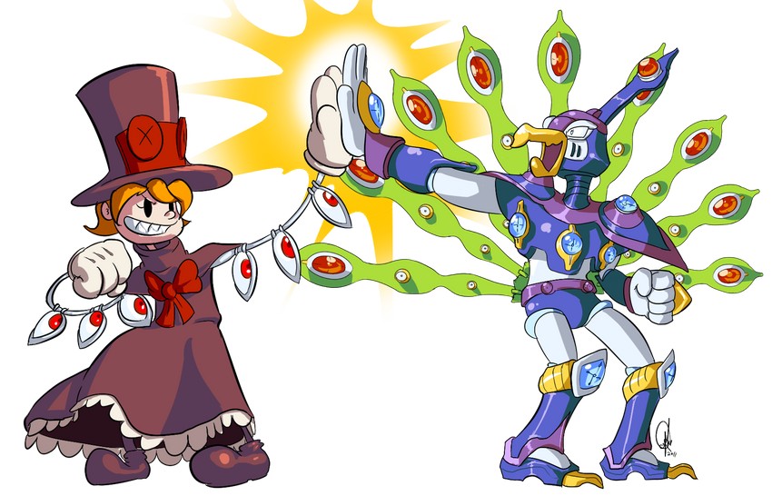 peacock and cyber peacock (mega man and 3 more) drawn by triple-q