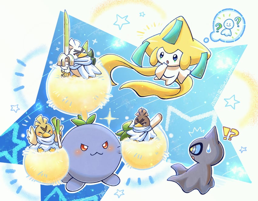 jirachi, sirfetch'd, jumpluff, farfetch'd, shuppet, and 1 more (pokemon) drawn by shuri_(syurigame)