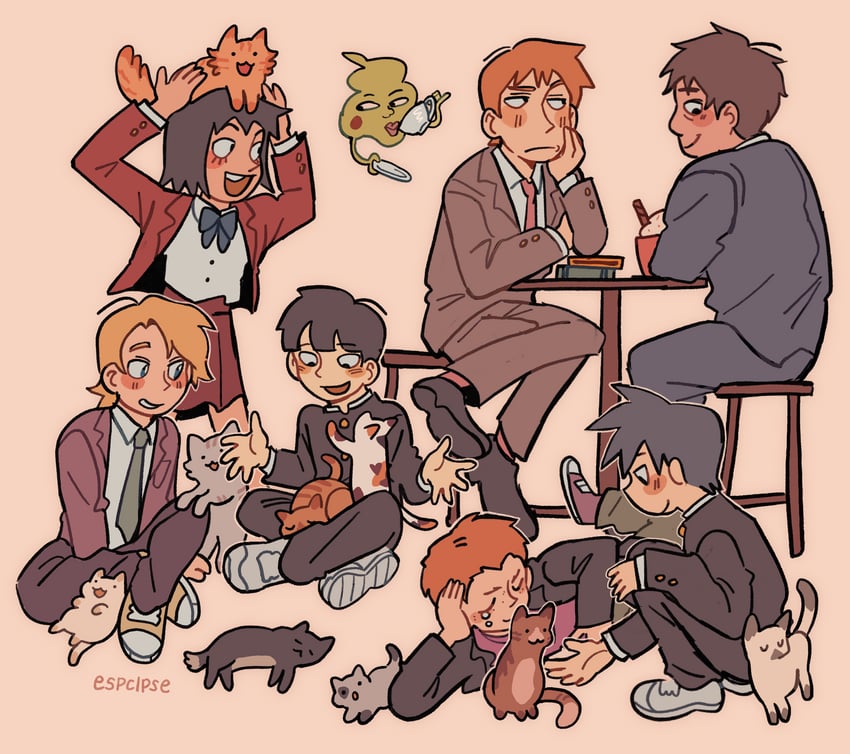 kageyama shigeo, reigen arataka, kageyama ritsu, ekubo, hanazawa teruki, and 3 more (mob psycho 100) drawn by esper-eclipse